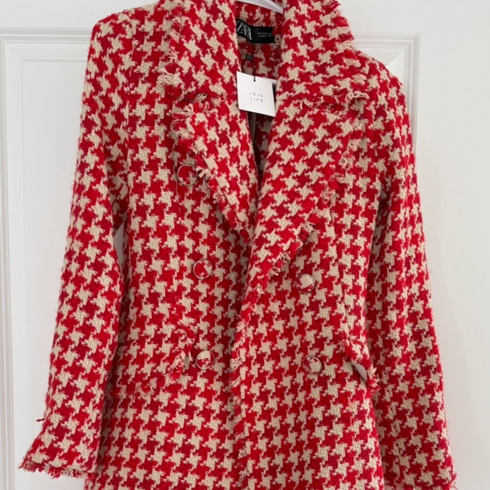 ZARA- NEW! XS Red Houndstooth Tweed Double Breasted Coat ( Emily in Paris)